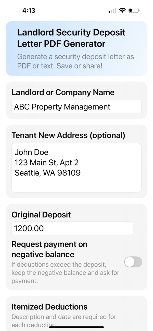 Deposit Letter PDF Generator screenshot 1