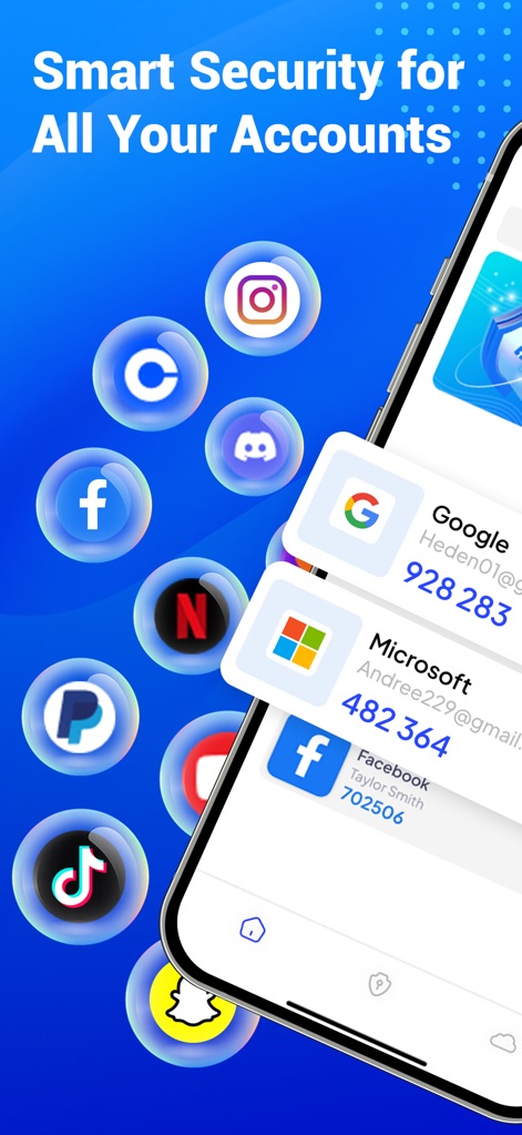 Authenticator App | 2FA Auth - 이 앱은 Google, Facebook, Microsoft 등 다양한 온라인 서비스 아이콘과 함께 각 서비스에 대한 실시간 TOTP 코드를 생성하여 사용자의 모든 계정에 대한 강력한 보안을 제공합니다.