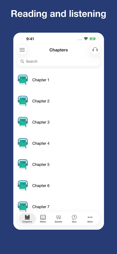 To Kill a Mockingbird - notes - L'application présente une interface claire pour naviguer entre les chapitres du roman, intégrant une option d'écoute via l'icône casque pour une immersion complète.