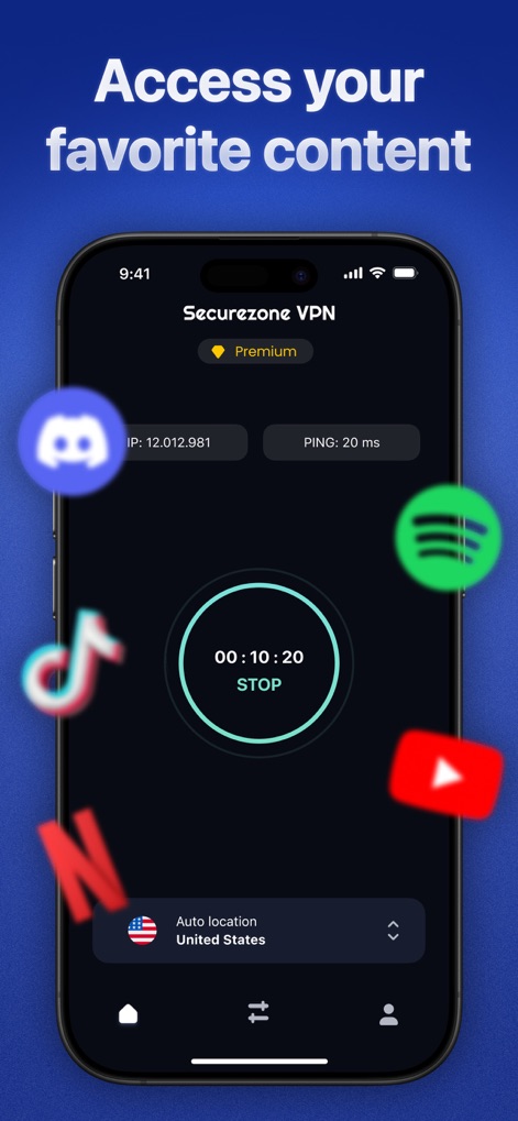 VPN Super Fast Securezone Best - O aplicativo facilita o acesso a conteúdos globais, como mostrado pelos logos de "Discord" e "Netflix", com um cronômetro indicando o tempo de conexão e o botão "STOP".