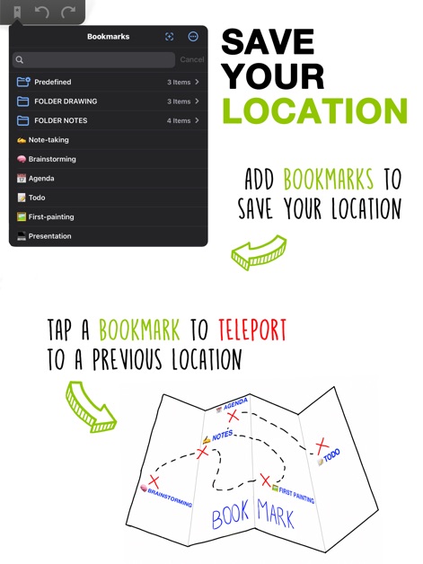Endless Paper - Users can effectively manage extensive projects with bookmarks for fast navigation, allowing them to instantly teleport to previous locations on the canvas.