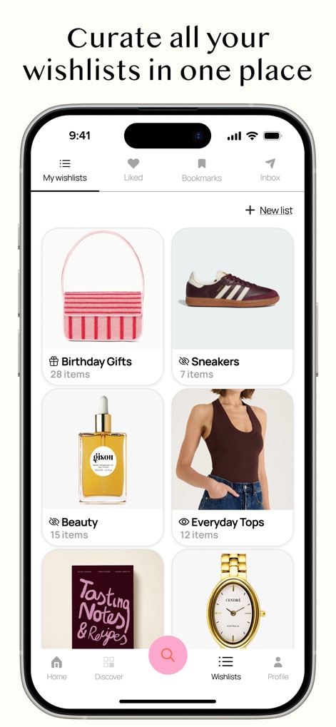 Sortd | Shopping Wishlist App - La aplicación permite a los usuarios organizar sus artículos deseados en listas temáticas, como 'Birthday Gifts' con 28 artículos o 'Sneakers' con 7 artículos, consolidando todas sus preferencias de compra en una única vista.