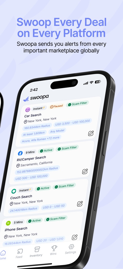 Swoopa - This tool consolidates various marketplace searches through "multiple search categories" and ensures quality listings with the integrated "Scam Filter."