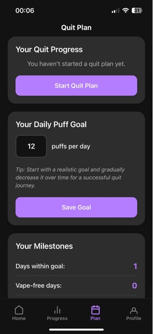 QuitPuff Goal Setting Screenshot