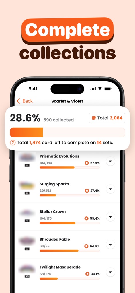 Acorn TCG ‒ Card Scanner App - The app offers detailed progress tracking for entire collections, displaying completion percentages like '28.6% collected' for Scarlet & Violet and indicating how many cards are 'left to complete'.