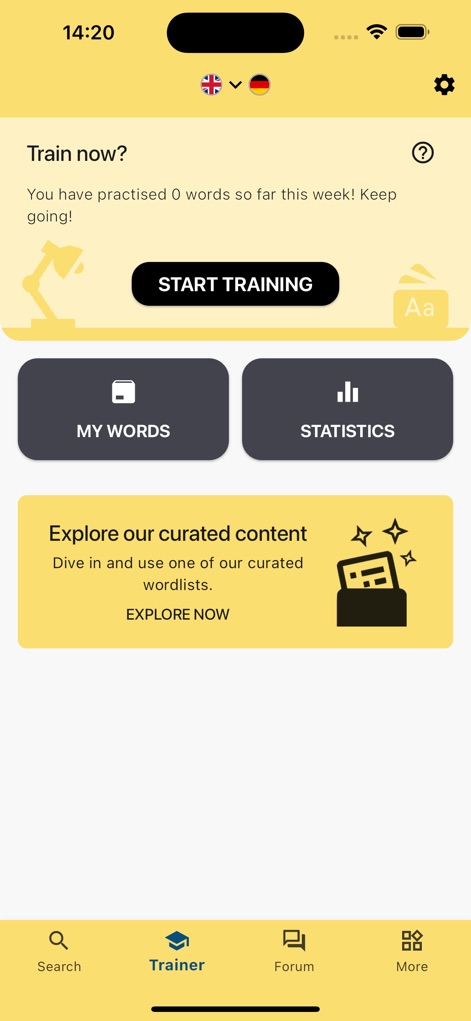 LEO Dictionary - This tool empowers learners to begin their vocabulary journey with a clear 'Start Training' option and readily available curated wordlists for structured learning.