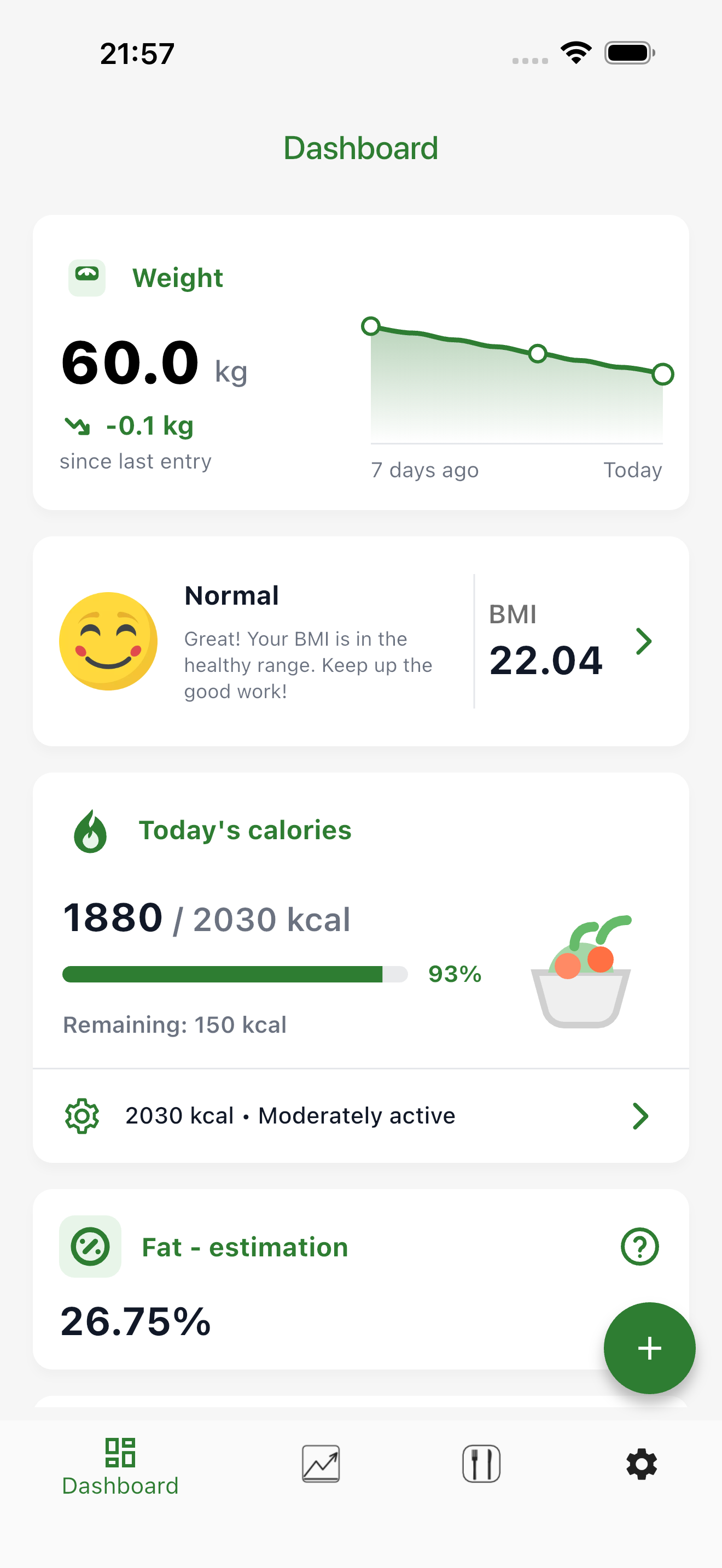 Body fat, BMI, weight tracker.