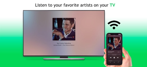 Youtify for Spotify Premium - Nutzer streamen ihre Lieblingskünstler mühelos auf den Fernseher, dargestellt durch die Übertragung von Michael Bublé auf einem Smart-TV und die intuitive Steuerung per iPhone.