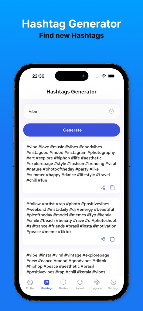 FSaver - Video, Story, Reels - Esta captura muestra la funcionalidad de generación instantánea de hashtags donde, tras introducir una palabra clave como "Vibe", la aplicación produce múltiples listas de hashtags relevantes y de tendencia para aumentar la visibilidad.