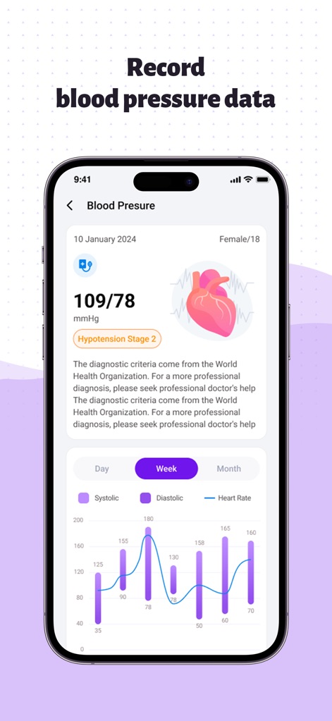 Heartwell: Track Health - La aplicación detalla la presión arterial actual (109/78 mmHg) con una clasificación de "Hypotension Stage 2" y proporciona un gráfico semanal que ilustra las tendencias sistólica y diastólica junto con el ritmo cardíaco.