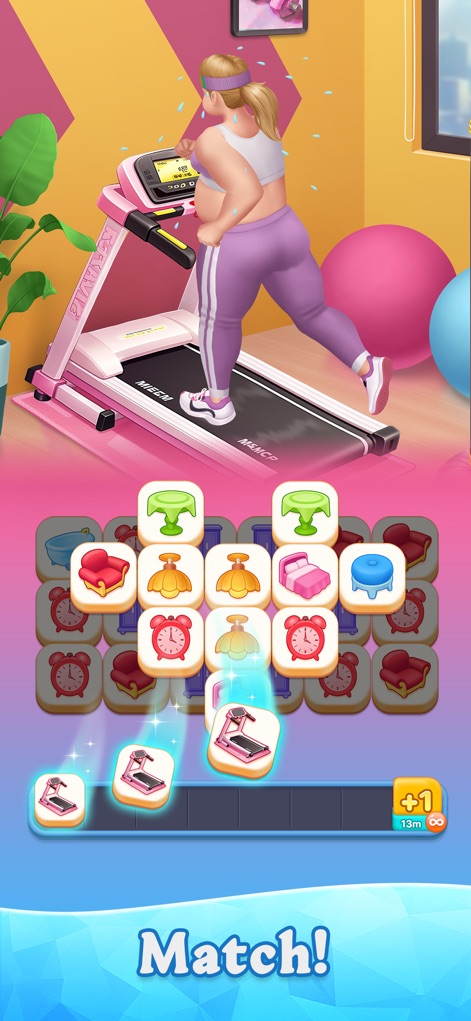 Beauty Tiles: Story & Makeover - Aquí se combinan el minijuego de emparejar fichas con elementos como la cinta de correr, ilustrando cómo los usuarios progresan en la transformación del avatar principal y su estilo.