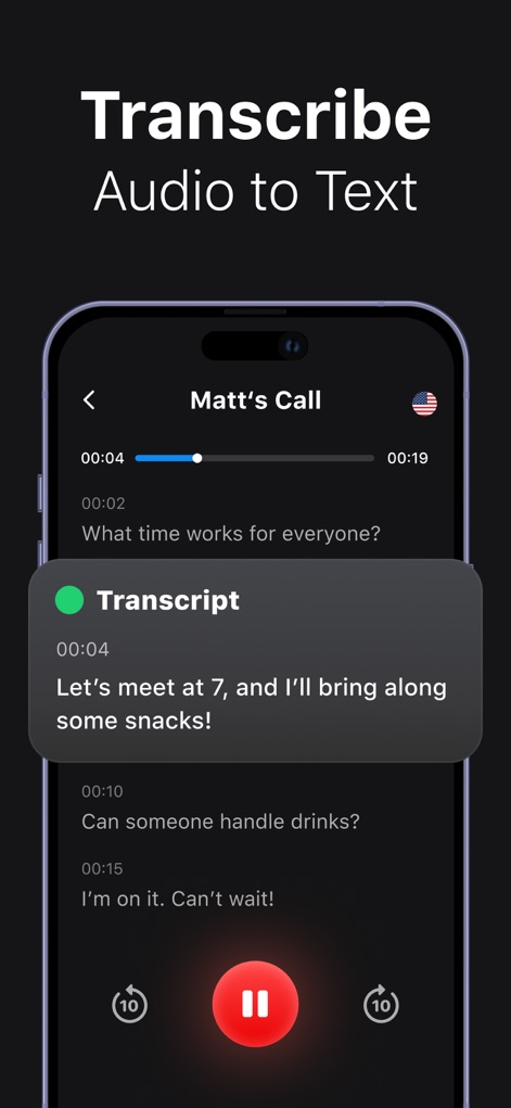 Voice Recorder: AI Note Taker - Explore the app's highly accurate transcription capabilities, showcasing the real-time transcript display synced with audio playback controls for seamless review.