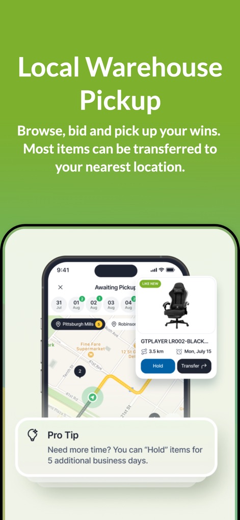 MAC.BID - The app features an interactive map display for finding pickup locations and offers 'Hold' and 'Transfer' options for managing item collection.