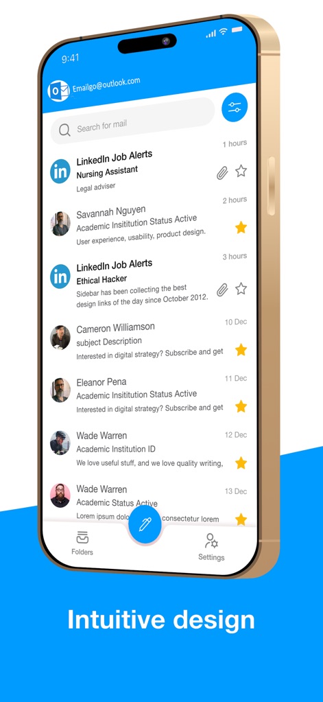 Email for Hotmail, Outlook - A interface principal exibe a caixa de entrada, organizada com o campo de busca no topo e uma lista vertical de e-mails com remetentes e horários.