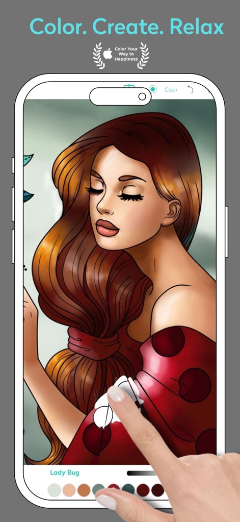 Adult Coloring Book: Chroma - 이 앱은 사용자가 아름다운 인물 일러스트를 색칠하며 스트레스를 해소할 수 있도록 돕습니다. 하단 색상 팔레트와 탭하여 색칠하는 직관적인 기능이 특징입니다.