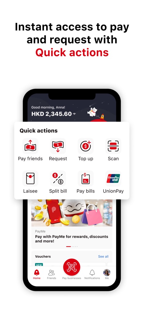 PayMe by HSBC - This view emphasizes the "Quick actions" panel, offering immediate access to functions like "Pay friends" and the convenient "Split bill" option for group expenses.
