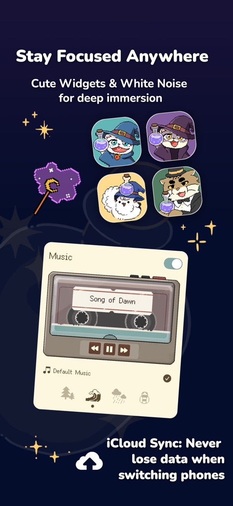 Glulu BrewTime-Pomodoro Focus - This tool supports sustained focus with helpful features such as cute app widgets for quick access and an integrated music player offering natural soundscapes like 'Rain' and 'Cicadas'.