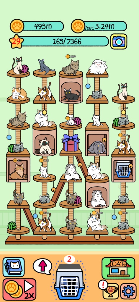 Cat Condo - A tela revela uma impressionante galeria de gatos, preenchendo completamente a estrutura com uma grande diversidade de felinos, e o contador de transportadoras na parte inferior indica a disponibilidade de 2 novos gatos.