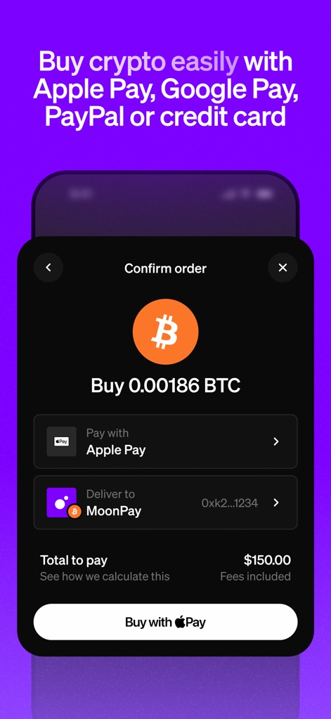 MoonPay: Buy Crypto - La aplicación ofrece diversas opciones de pago para la compra de cripto, destacando la facilidad de utilizar 'Apple Pay' y la entrega a la billetera de 'MoonPay'.