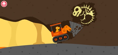 Dinosaur Digger 3: Truck Games - The app showcases dynamic digging action with an excavator and the exciting discovery of a dinosaur skeleton, inspiring young paleontologists.