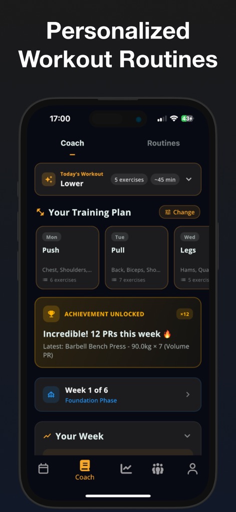Stronger - Gym Workout Planner - Discover the personalized workout routine planner, which dynamically organizes daily training splits, and celebrates milestones with "Achievement Unlocked" notifications detailing personal records.