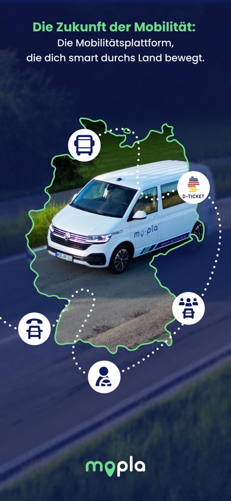mopla - Die grafische Darstellung visualisiert das umfassende Mobilitätsnetzwerk der App, das den Rufbus-Service und das Deutschlandticket als Kernkomponenten integriert.