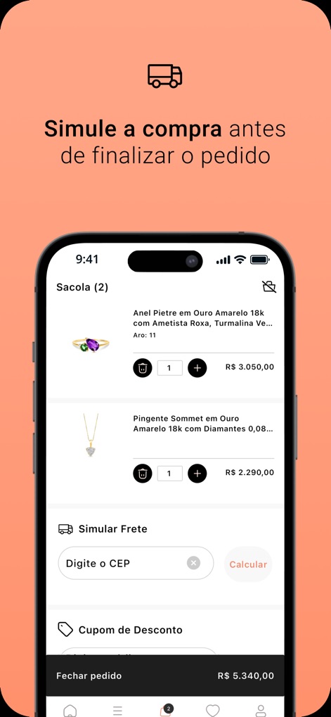 Vivara - La pantalla de la cesta permite ajustar la cantidad de artículos y ofrece la funcionalidad de simular el flete para una planificación precisa.