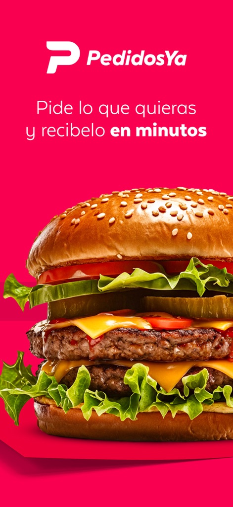 PedidosYa - Food Delivery - Discover the app's core promise of rapid service, prominently displayed with the 'PedidosYa' logo and an irresistible hero image of a delicious burger.