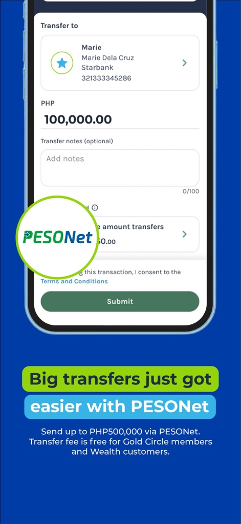Security Bank App - Users can make large fund transfers up to PHP500,000 via PESONet, as illustrated by the transfer amount input field and 'Submit' button on this screen.