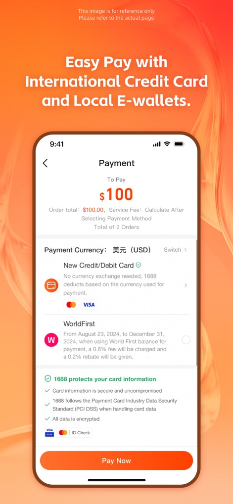 1688- B2B Market - Users benefit from diverse international payment options, including 'New Credit/Debit Card' and 'WorldFirst,' with prominent security checks ensuring transaction safety.