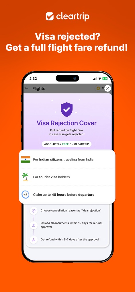 Cleartrip Flights, Hotels, Bus - 이 특별 기능은 비자 거절 시 항공권 요금 전액 환불을 보장하며, 인도 시민권자 및 관광 비자 소지자를 위한 명확한 환불 절차와 기간(출발 48시간 전 청구)을 안내합니다.