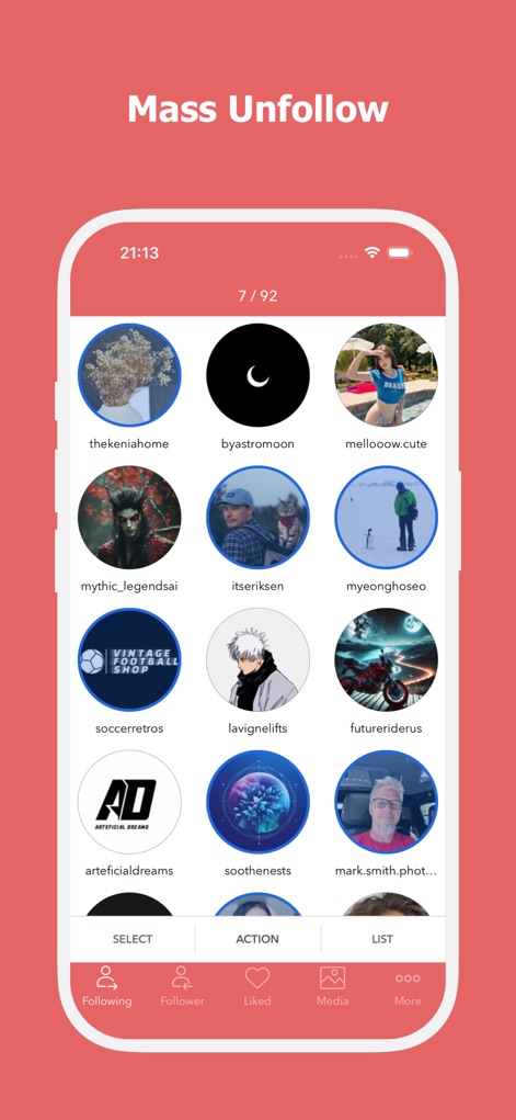 Unfollow for Instagram + - La aplicación simplifica la limpieza de la lista de seguidos, mostrando una cuadrícula de avatares de perfil y nombres de usuario para una selección eficiente.