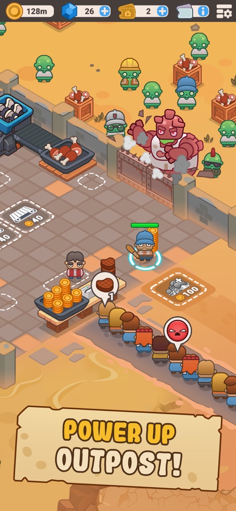 Idle Outpost Zombie Apocalypse - A tela ilustra o desafio de um zumbi maior atacando a base, ao mesmo tempo que mostra a coleta de moedas, indicando o progresso financeiro do posto.