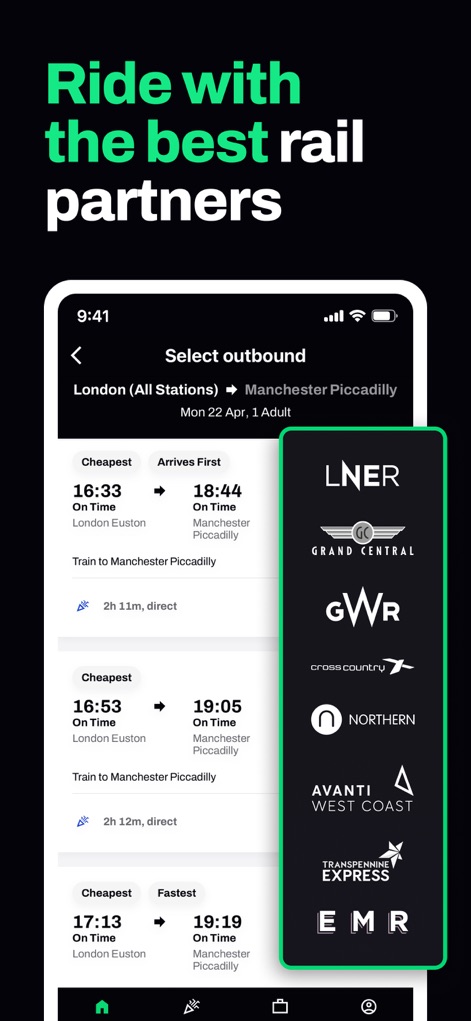 Seatfrog: Rail Journey Planner - L'application met en évidence la sélection de l'itinéraire "London -> Manchester Piccadilly" et les logos des partenaires ferroviaires tels que "LNER" et "Avanti West Coast".