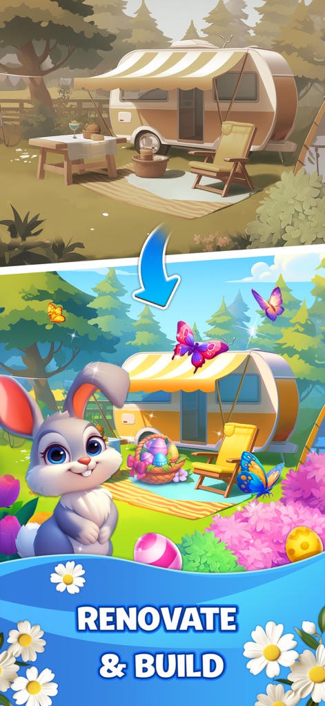 Word Crush® - Fun Puzzle Game - Oltre ai puzzle, l'app include elementi di costruzione e personalizzazione, mostrando una scena di campeggio che si trasforma da basica a festiva con decorazioni primaverili e un simpatico coniglio pasquale.