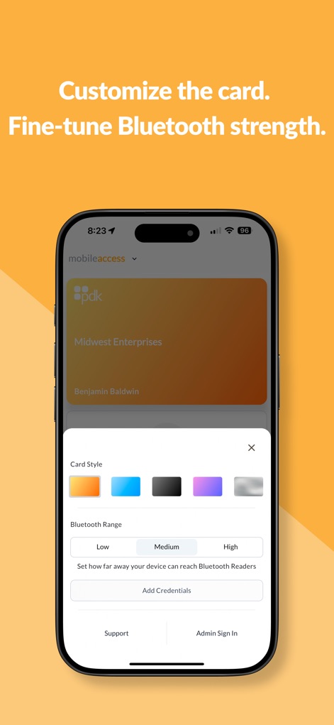 PDK Access by ProdataKey - 사용자는 다양한 '카드 스타일' 옵션으로 디지털 카드를 개인화할 수 있으며, '블루투스 범위'를 조정하여 장치 감지 거리를 미세 조정합니다.