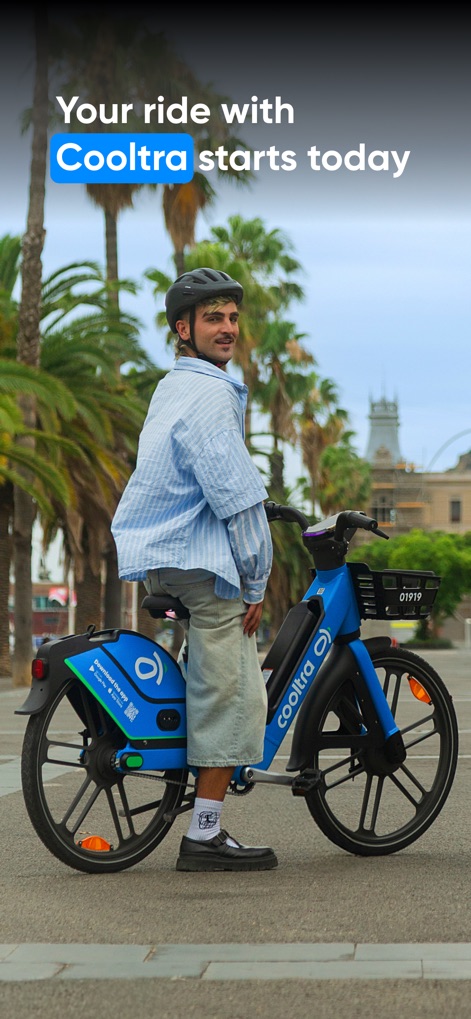 Cooltra: E-moped rentals - This visual features a user enjoying an e-bike ride, emphasizing sustainable travel options and the Cooltra branding on the vehicle.