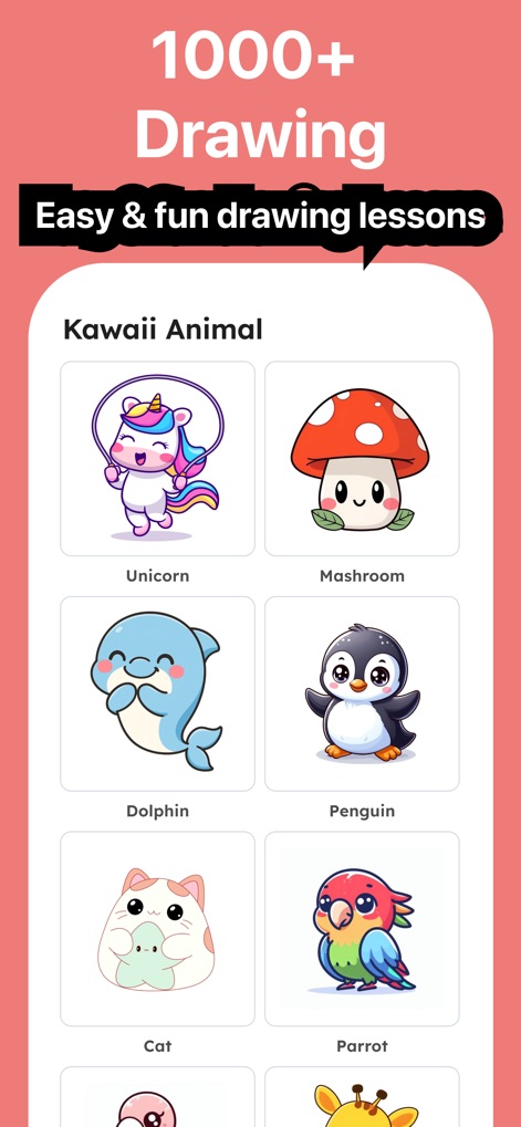 Drawing Desk: Sketch Paint Art - ユーザーは1000以上の描画レッスンから、楽しく簡単にアートを学べます。特に「かわいい動物」のような多様なカテゴリが用意されています。