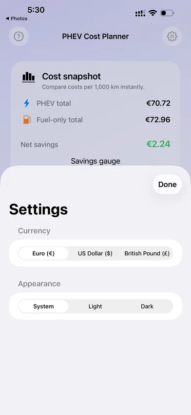 PHEV Savings screenshot 1