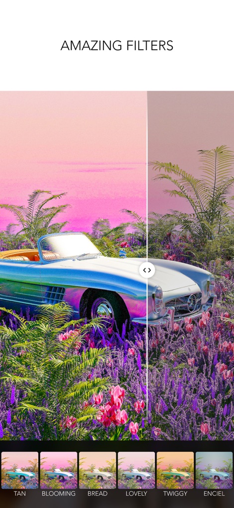 MOLDIV Photo Editor, Collage - Dieses Bild zeigt den dramatischen Vorher-Nachher-Vergleich, der die Leistungsfähigkeit der App demonstriert, während die umfangreiche Filterauswahl am unteren Rand zur individuellen Gestaltung einlädt.