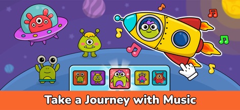 Baby Piano for Kids & Toddlers - Les utilisateurs sont invités à une aventure intergalactique, explorant un univers de créatures extraterrestres colorées et de vaisseaux spatiaux fantastiques tout en interagissant avec de nouveaux sons.