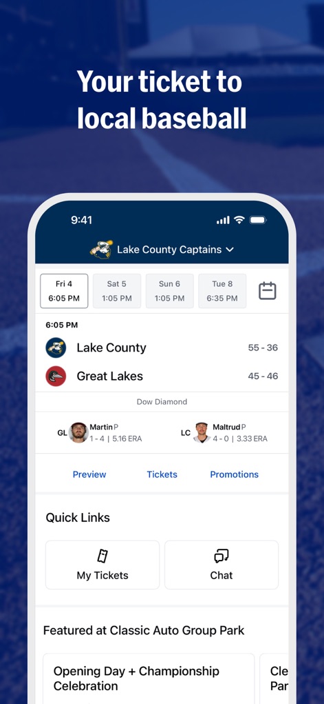 MiLB - The app's intuitive interface organizes game listings and provides 'Quick Links' for effortless navigation to tickets and chat features.