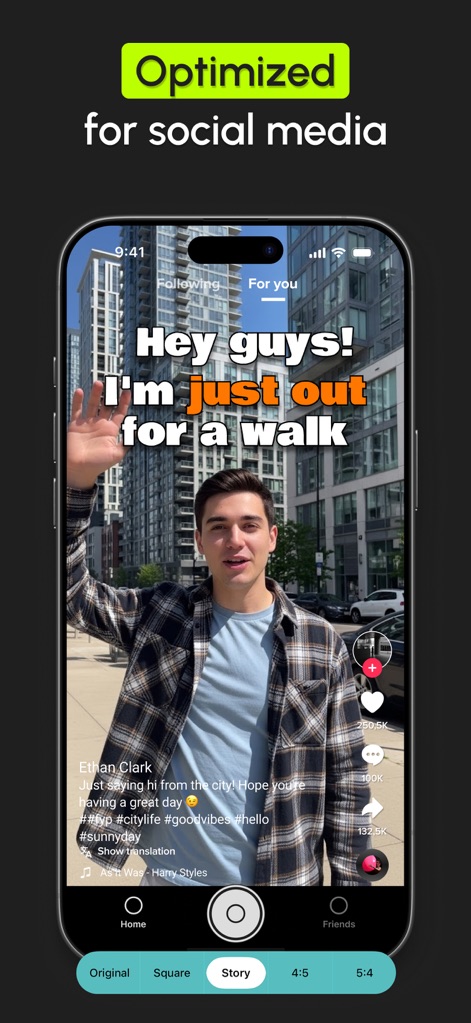 AutoCap: Auto Video Captions - Esta ferramenta otimiza vídeos para plataformas sociais, exibindo legendas como "Hey guys! I'm just out for a walk" em formato vertical e integrando-se com elementos de engajamento típicos das redes sociais, como ícones de curtidas e comentários.