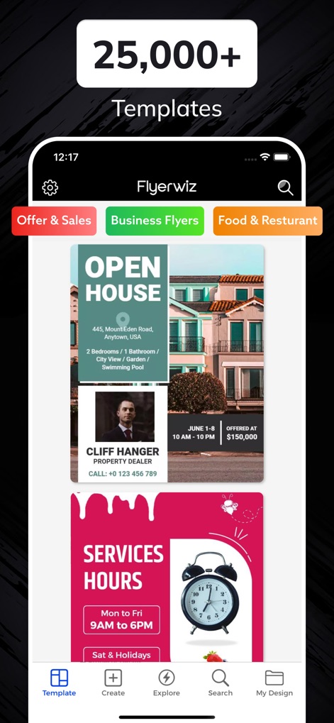 Flyer Maker + Poster Maker - La herramienta ofrece más de 25,000 plantillas, como se ilustra con las categorías superiores de 'Business Flyers' y 'Food & Resturant', permitiendo a los usuarios encontrar rápidamente un punto de partida adecuado.