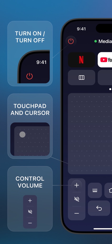 TV Remote | Universal Control - 사용자는 전원 켜기/끄기 기능과 직관적인 터치패드를 통해 TV를 손쉽게 제어할 수 있습니다.