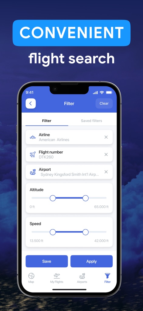 Flight Radar Airplane Tracker - 사용자는 검색 필터를 통해 항공사 및 공항을 기준으로 검색 조건을 설정할 수 있으며, 고도와 속도 범위까지 세부적으로 조정하여 원하는 항공편을 찾을 수 있습니다.
