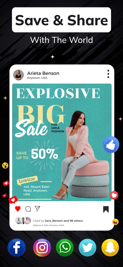 Flyer Maker + Poster Maker - Después de crear, los usuarios pueden 'Save & Share' sus diseños fácilmente, con opciones para compartir directamente en plataformas como 'Facebook' e 'Instagram' para una difusión rápida.