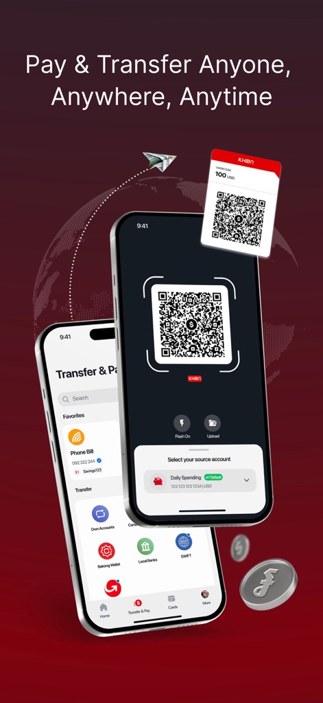 Canadia Bank App - La aplicación facilita transferencias y pagos mediante 'KHQR' para transacciones transfronterizas y ofrece opciones para gestionar bancos locales y transferencias 'SWIFT'.