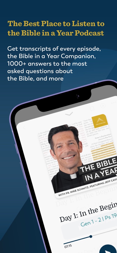 Ascension: Catholic Bible - Profitez des podcasts comme 'Bible en un An' avec Fr. Mike Schmitz, offrant des transcriptions et des liens directs vers les versets.