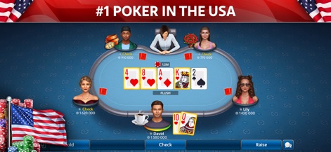 Texas Hold'em Poker: Pokerist - A captura exibe a dinâmica de uma mesa de poker, com as cartas de um "Flush" e os avatares dos jogadores interagindo em tempo real.